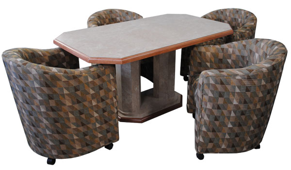 Barrel Chairs with Wood Edge Mica Top Table Dinette
